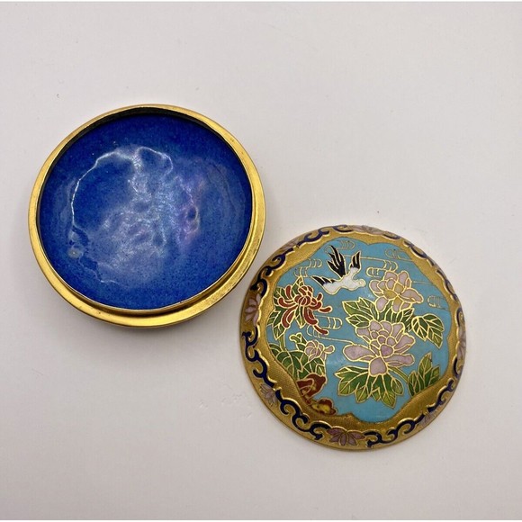 Vintage Cloisonné Gold Bird Floral Flowers Lidded Trinket Box Dish Used - Picture 8 of 12